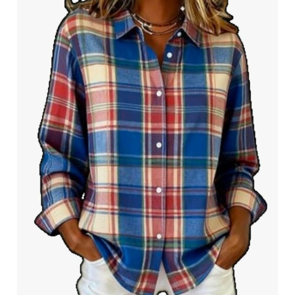 Women's Casual Retro Plaid Print Shirt Women's Casual Retro Size-S